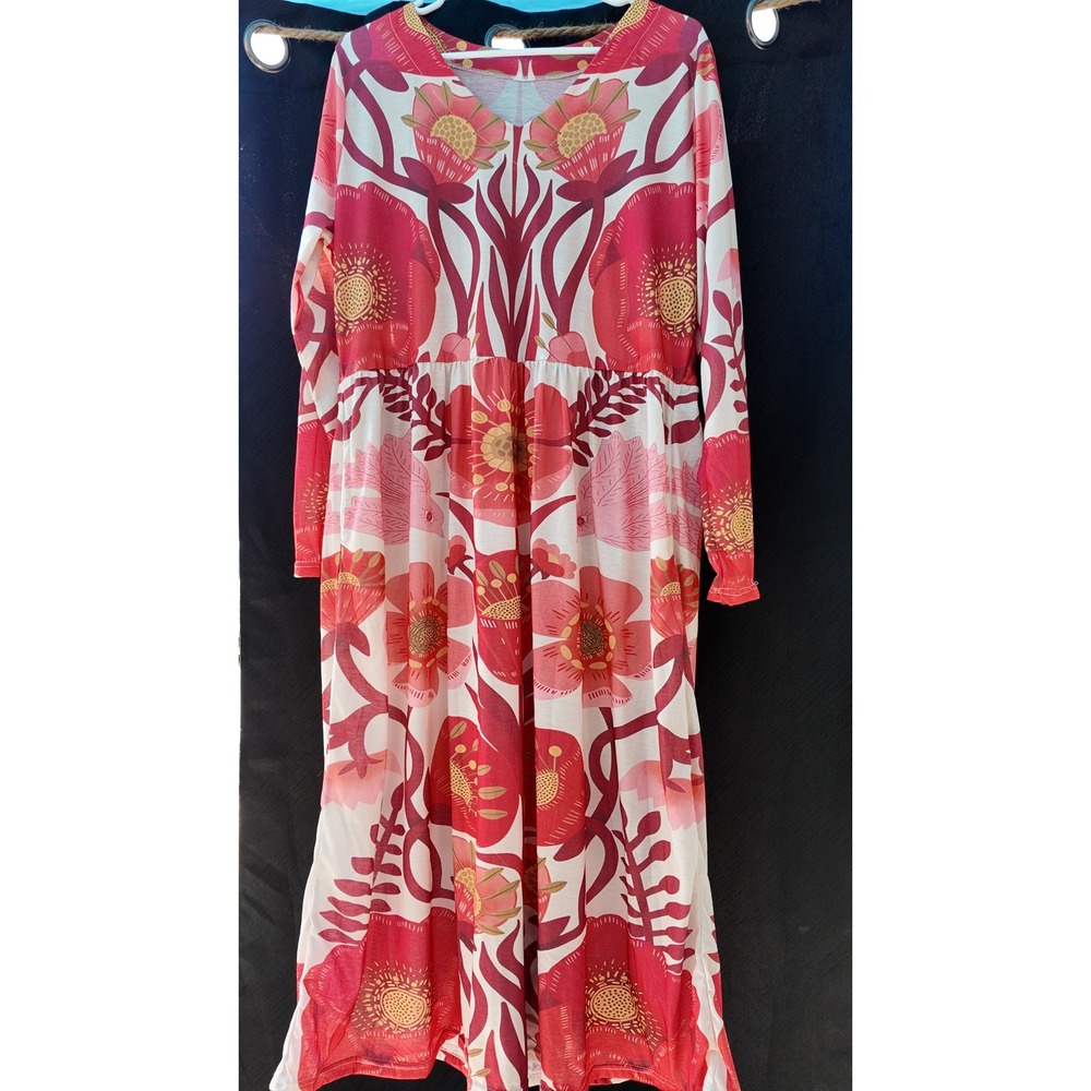 Red Pink Floral Maxi Dress V-Neck Long Sleeve Empire Waist Botanical Print